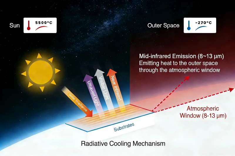 Schematische Darstellung des atmosphärischen Fensters (8–13 μm) für passive Strahlungskühlung