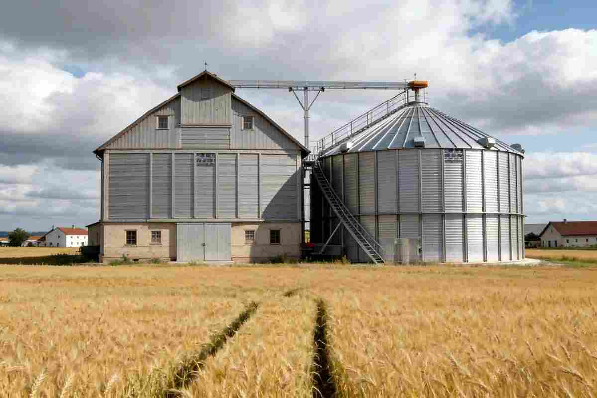 Zwei große Getreidesilos aus verzinktem Stahl mit SSRC-Strahlungskühlung